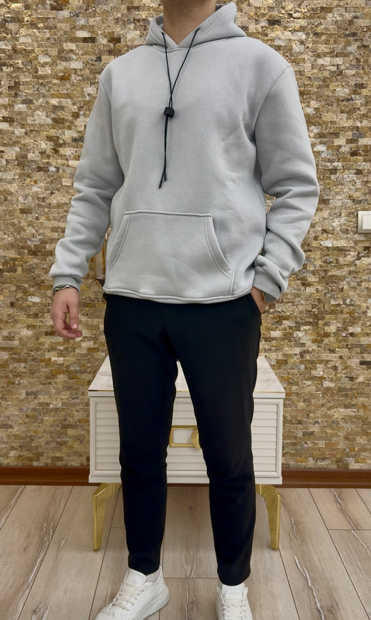 Erkek 3 iplik Şardonlu Kapüşonlu Sweatshirt - Gri