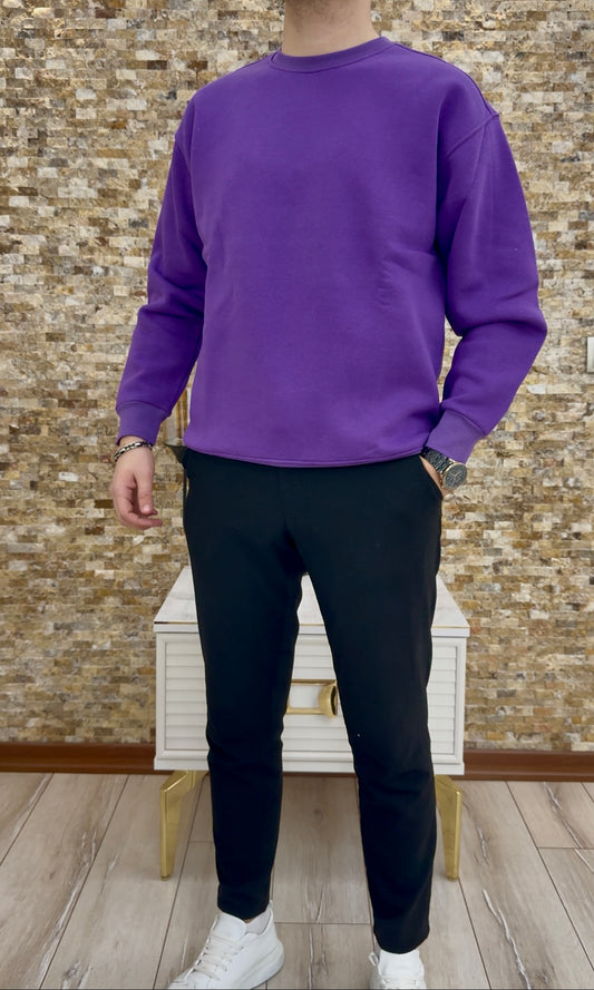 Erkek Bisiklet Yaka 3 İplik Şardonlu Sweatshirt - Mor