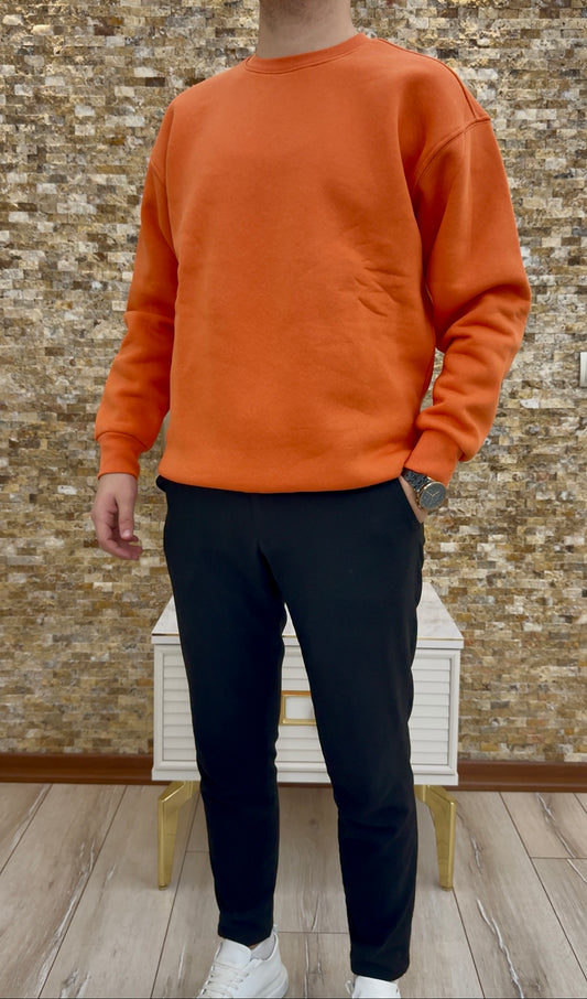 Erkek Bisiklet Yaka 3 İplik Şardonlu Sweatshirt - Turuncu