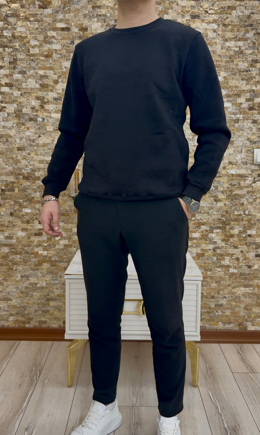 Erkek Bisiklet Yaka 3 İplik Şardonlu Sweatshirt - Siyah