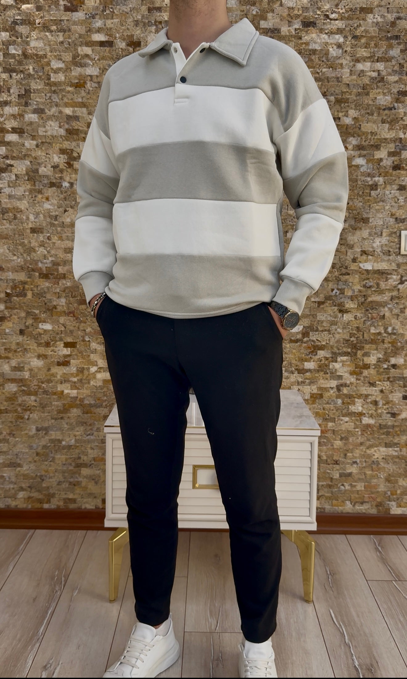 Erkek Polo Yaka 3 İplik Şardonlu Çizgili Sweatshirt - Bej