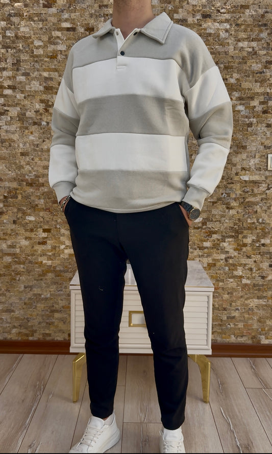 Erkek Polo Yaka 3 İplik Şardonlu Çizgili Sweatshirt - Bej