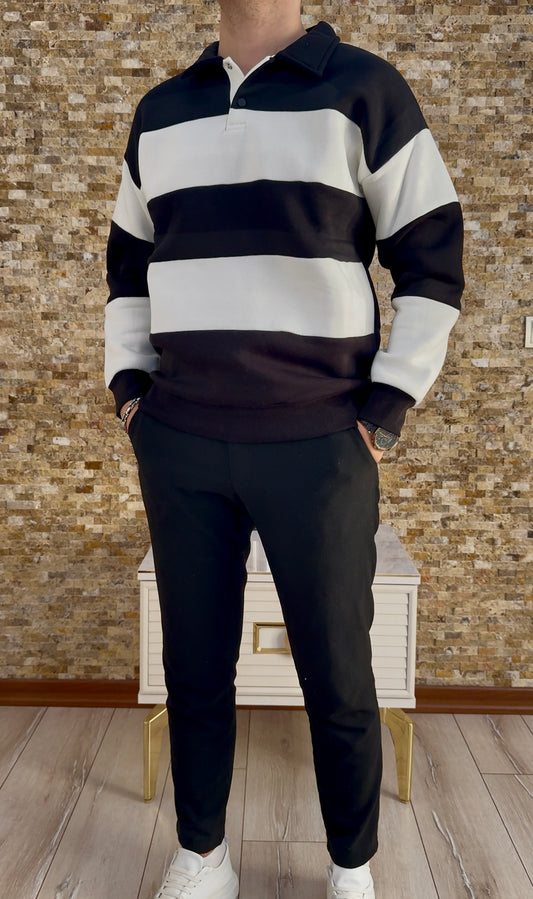 Erkek Polo Yaka 3 İplik Şardonlu Çizgili Sweatshirt - Siyah