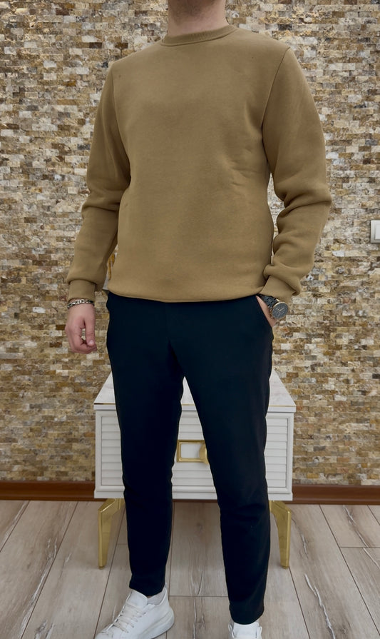 Erkek Bisiklet Yaka 3 İplik Şardonlu Sweatshirt - Kahverengi