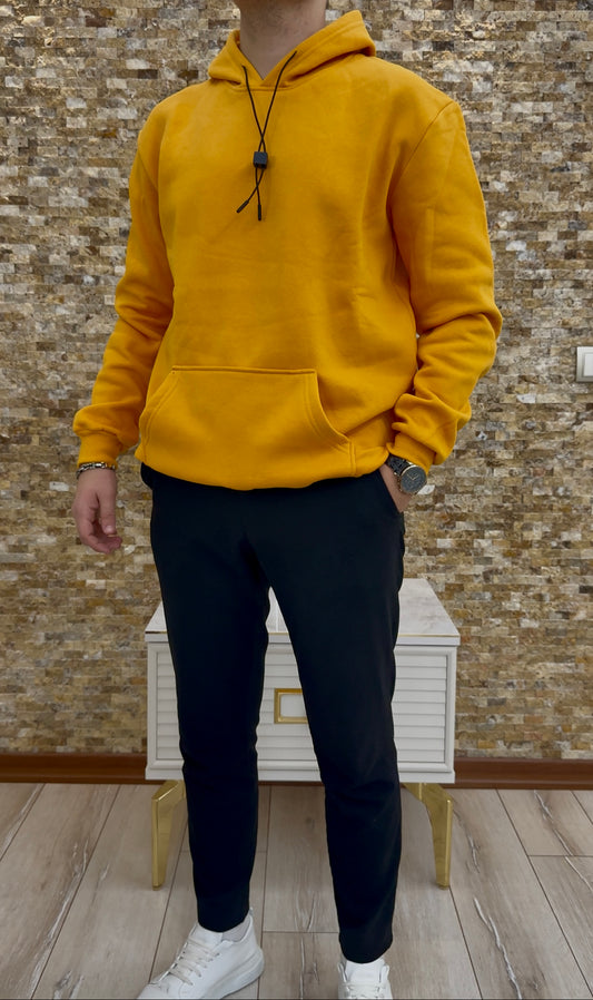 Erkek 3 iplik Şardonlu Kapüşonlu Sweatshirt - Sarı