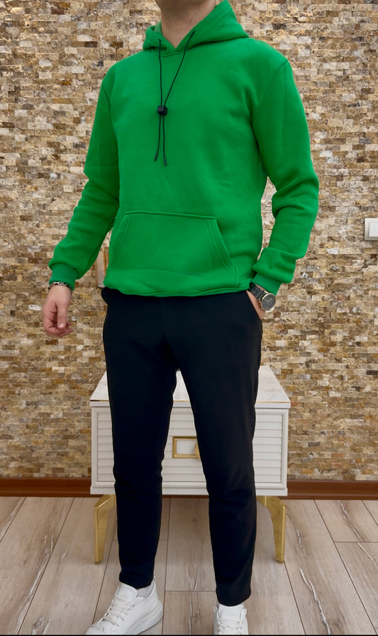 Erkek 3 iplik Şardonlu Kapüşonlu Sweatshirt - Yeşil
