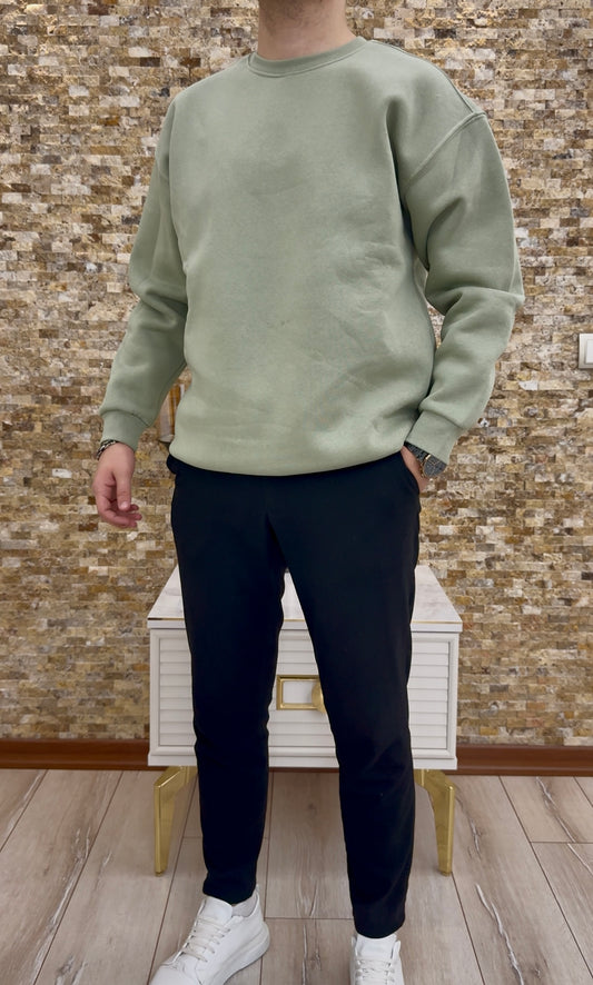 Erkek Bisiklet Yaka 3 İplik Şardonlu Sweatshirt - Yeşil