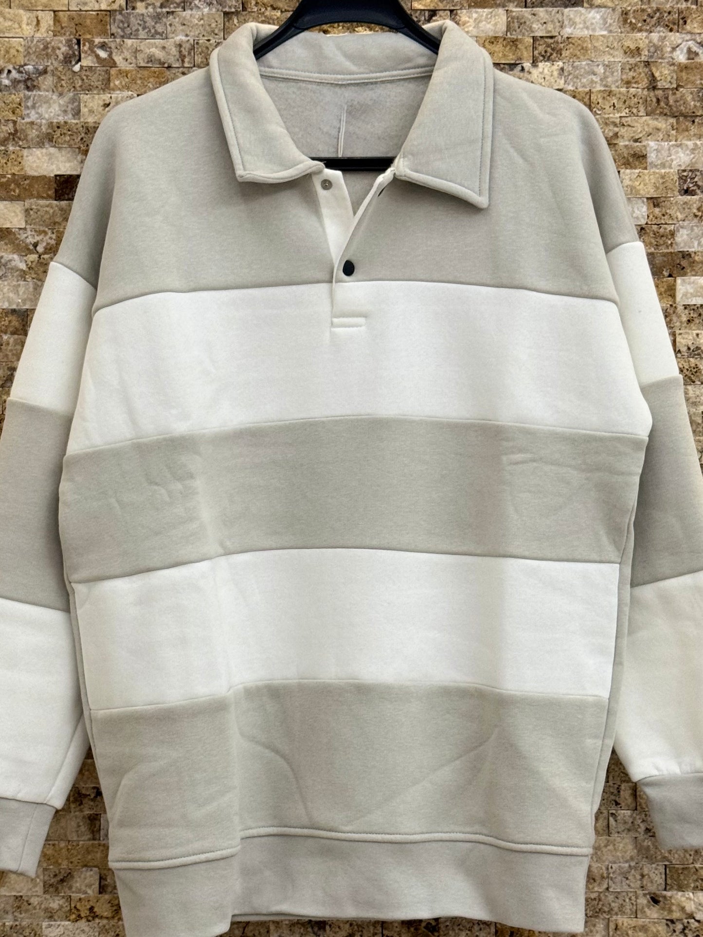 Erkek Polo Yaka 3 İplik Şardonlu Çizgili Sweatshirt - Bej