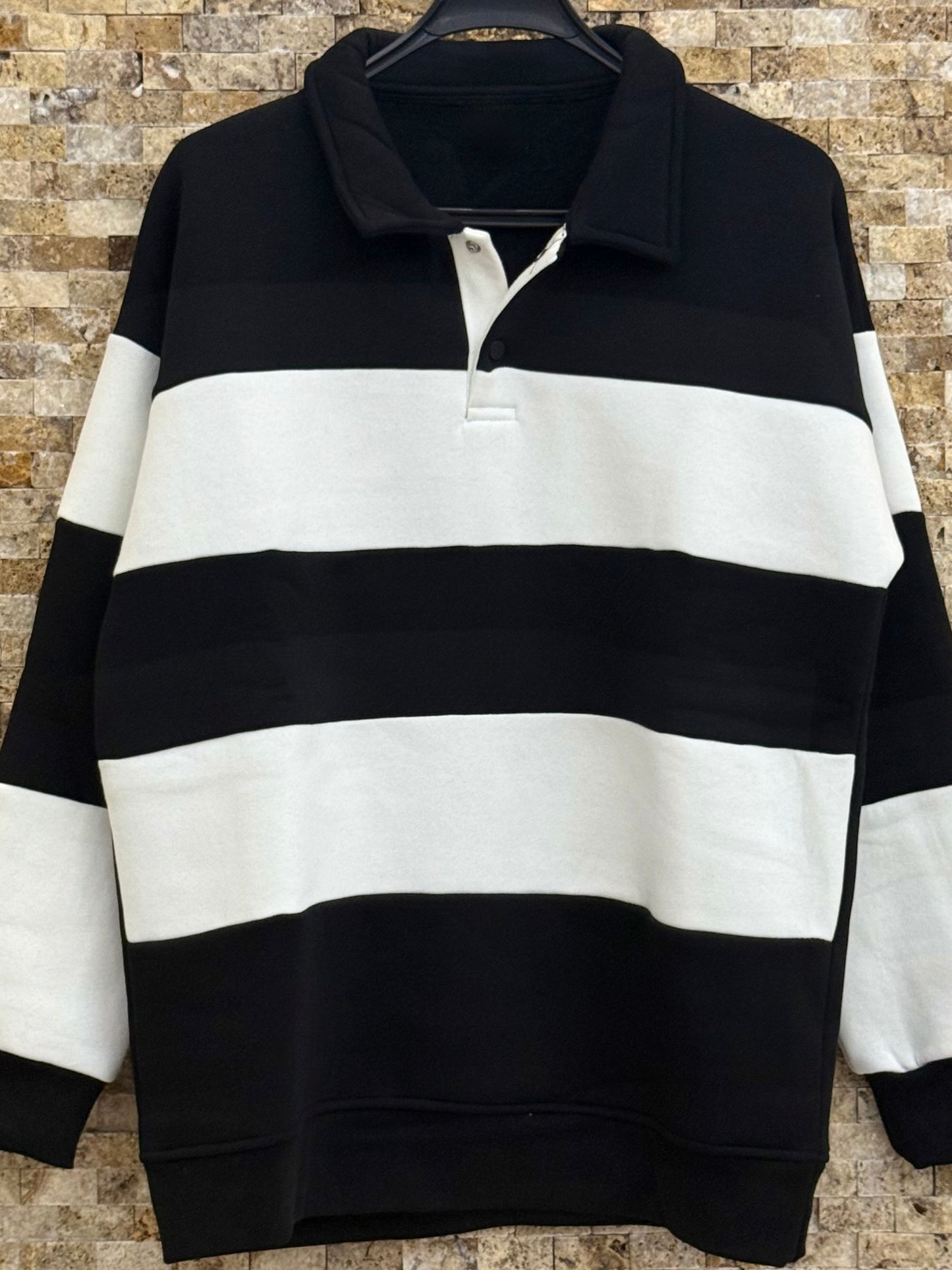Erkek Polo Yaka 3 İplik Şardonlu Çizgili Sweatshirt - Siyah