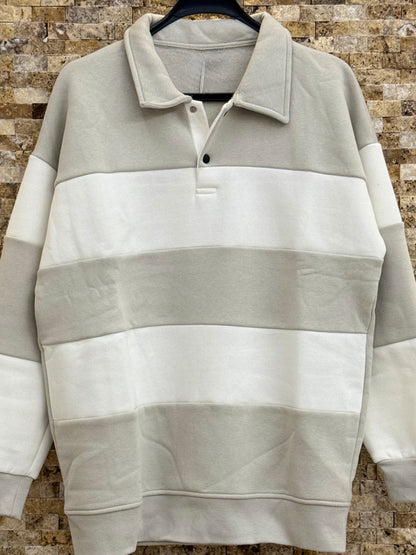 Erkek Polo Yaka 3 İplik Şardonlu Çizgili Sweatshirt - Bej